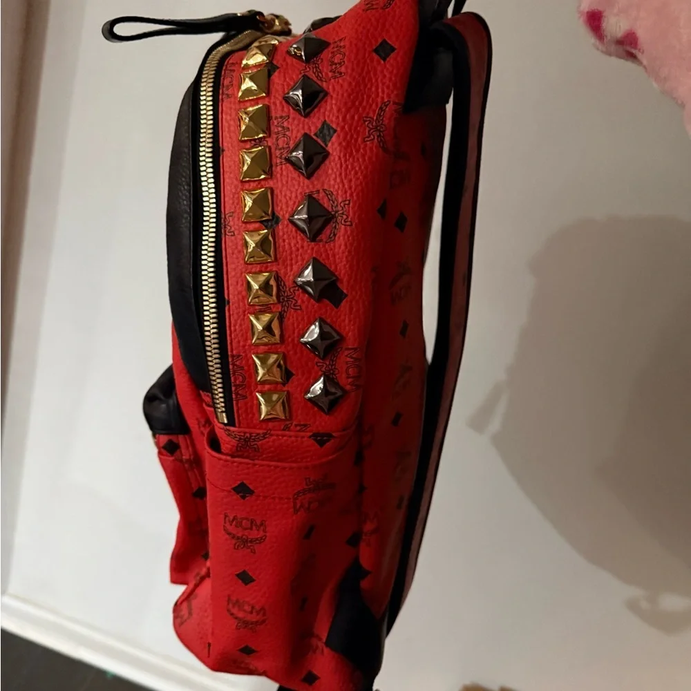 MCM Red and Black Studded Backpack - Picture 3 of 12